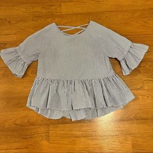 Listicle Blue Stripe Bell Sleeve Ruffle Babydoll Top